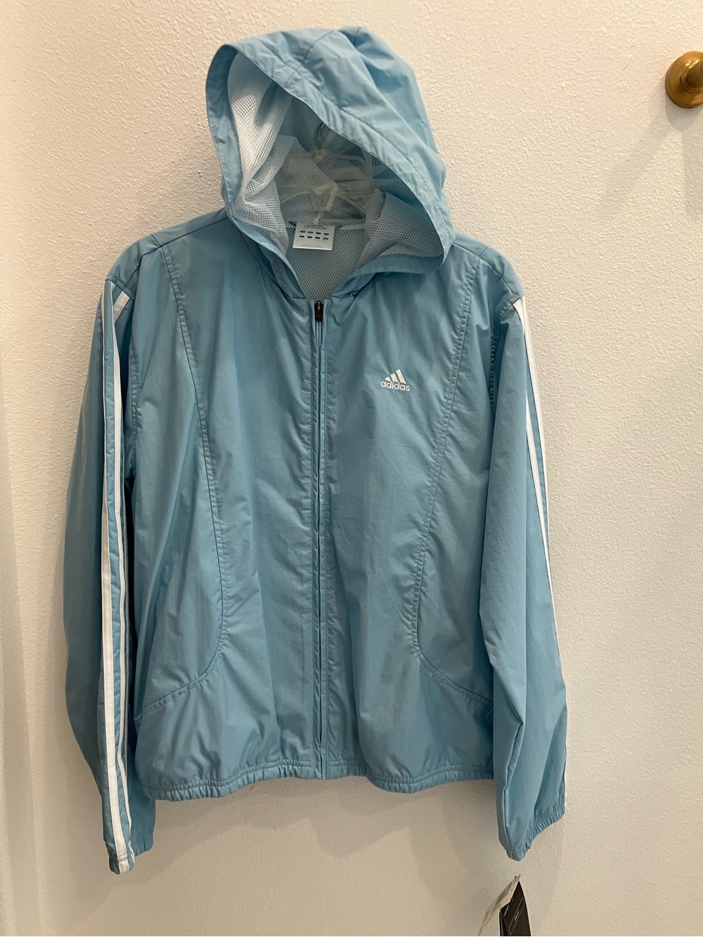 NWT! adidas Light Blue Hooded Jacket with White Stripes